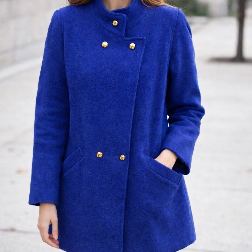 Compliments size 16, royal blue wool pea coat, gold hardware, made in the UK